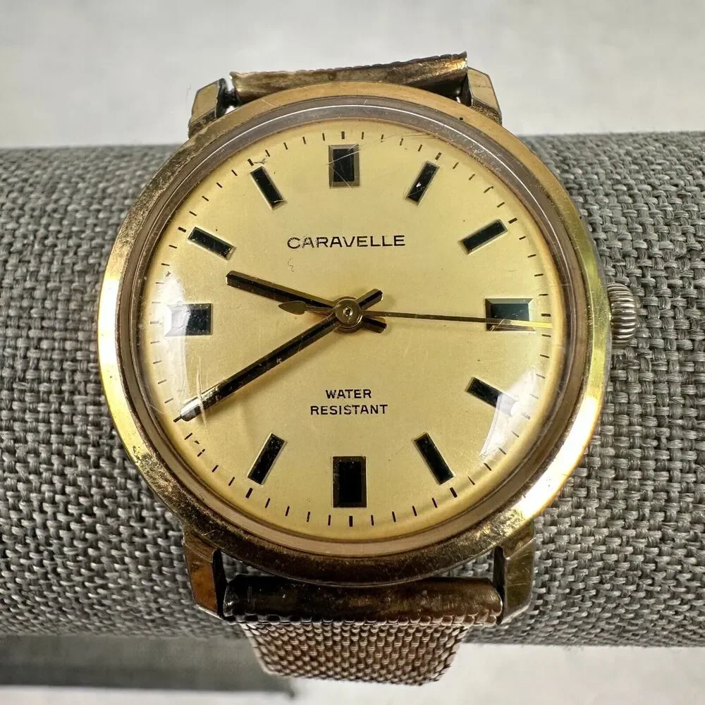 VTG Caravelle Watch Mens 32mm Gold Tone Manual Wind Mesh Band Working READ